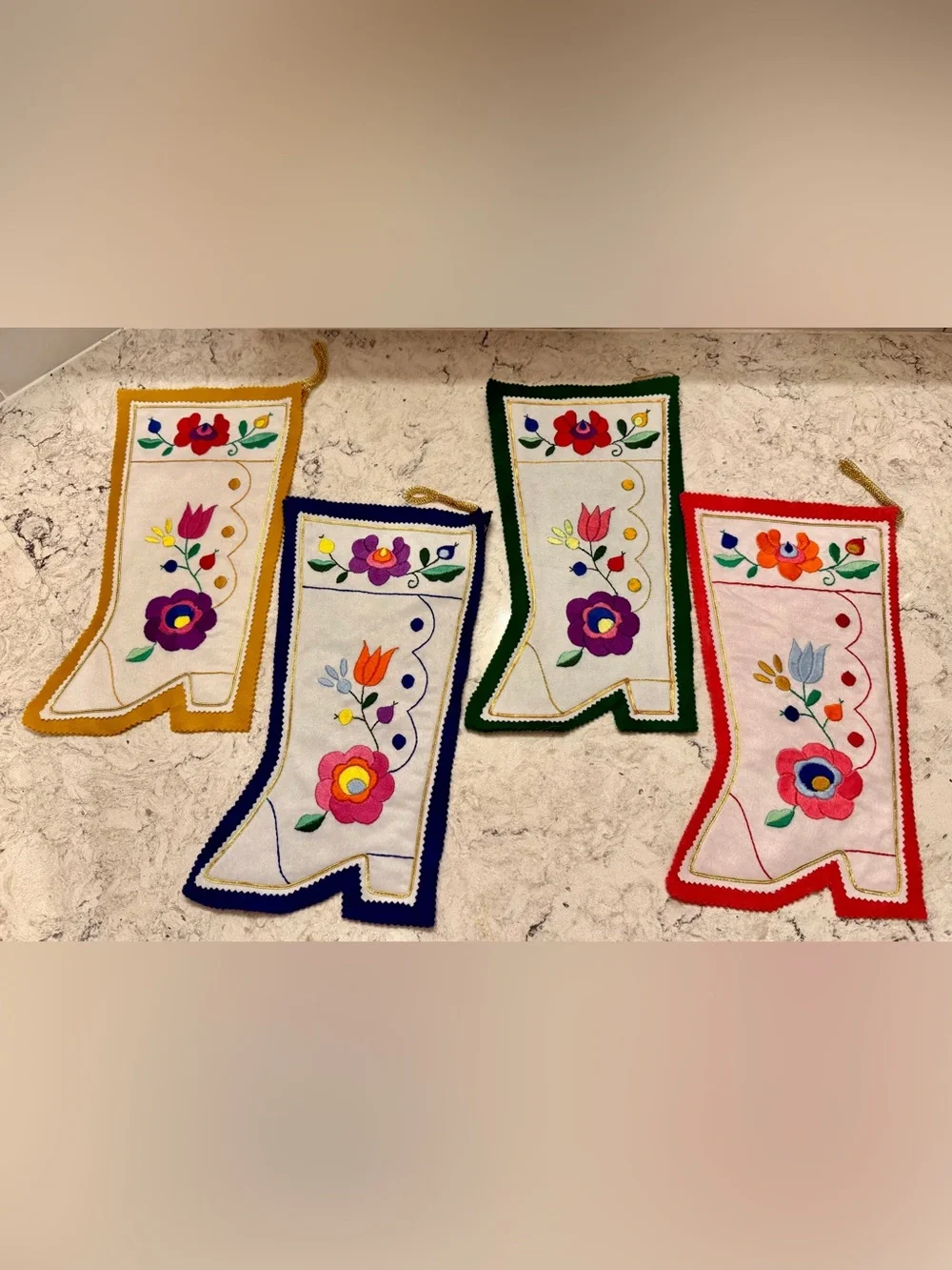 New Handmade Embroidered Folk-Art Christmas Stockings – Set of 4
